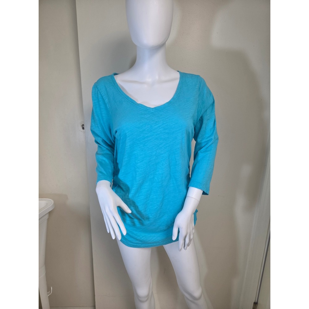 Fresh Produce Womens Turquoise Blue Slub Knit V-Neck 3/4 Sleeve Tee Size M USA